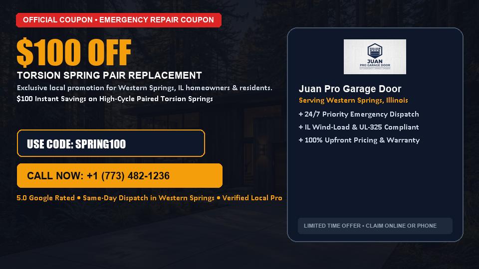 $100 OFF Dual High-Cycle Torsion Spring Replacement in Western Springs, IL - Juan Pro Garage Door